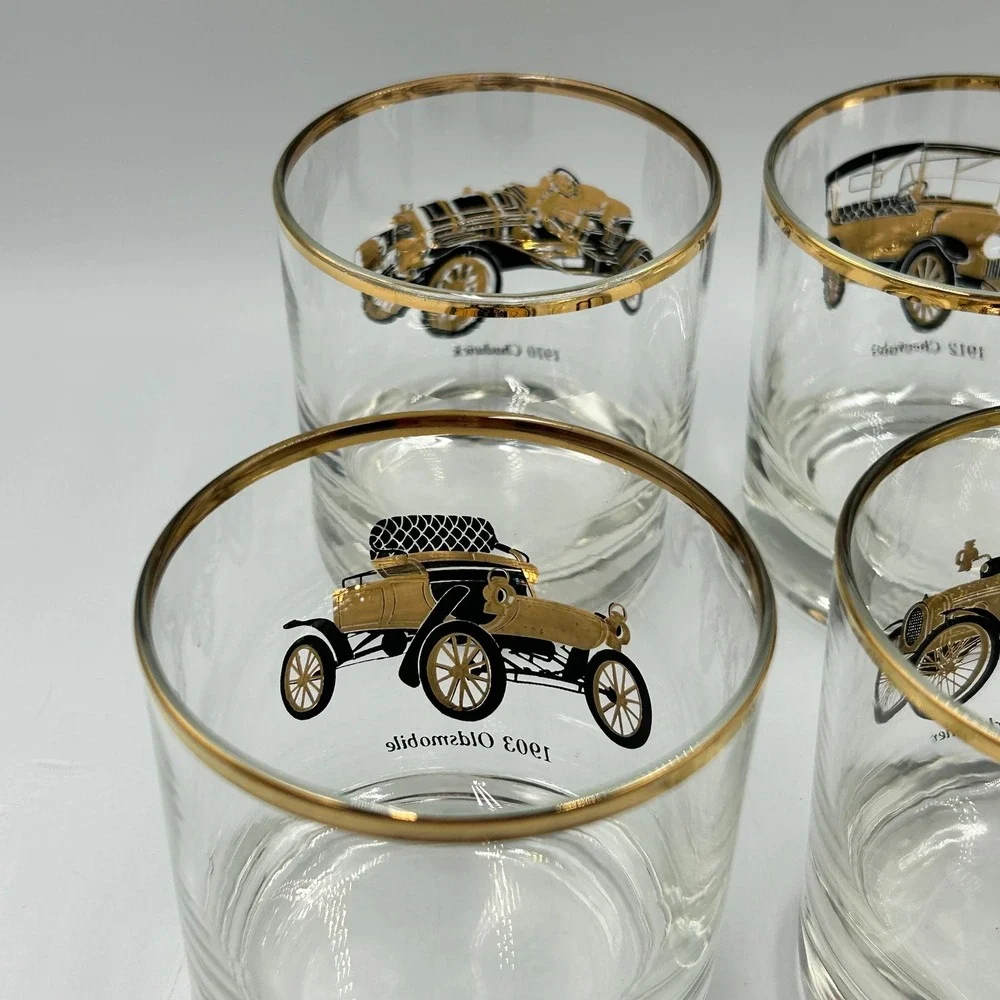 Whiskey Glasses Gold Clear Vintage Classic Cars Set 6 Good